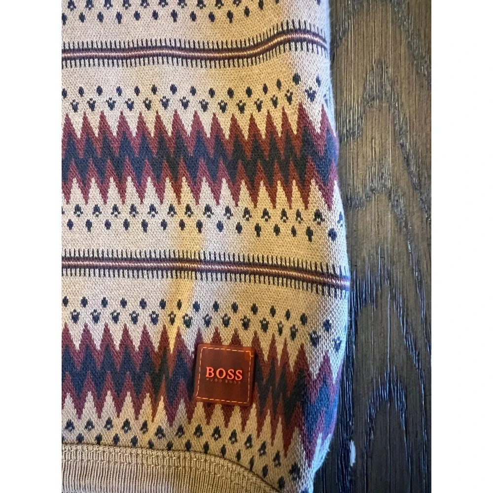 Vintage Hugo Boss Pullover Sweater Cotton Blend Geometric Zigzag Orange Label
